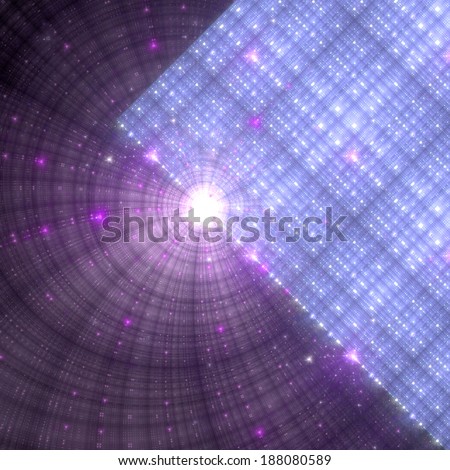 Abstract fractal background with a large star in the middle partly behind a solid mass with a decorative grid pattern on the right,  all in light pink and purple