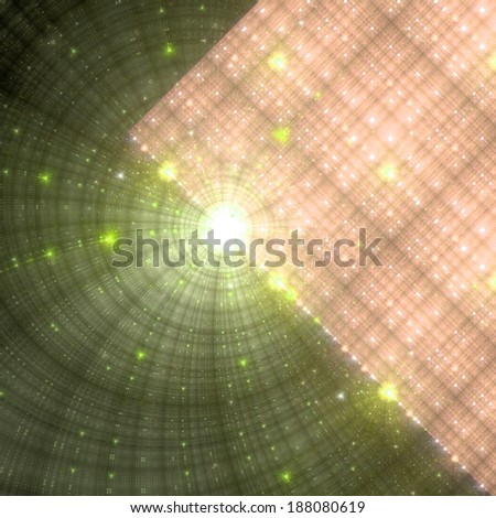 Abstract fractal background with a large star in the middle partly behind a solid mass with a decorative grid pattern on the right,  all in light yellow and orange
