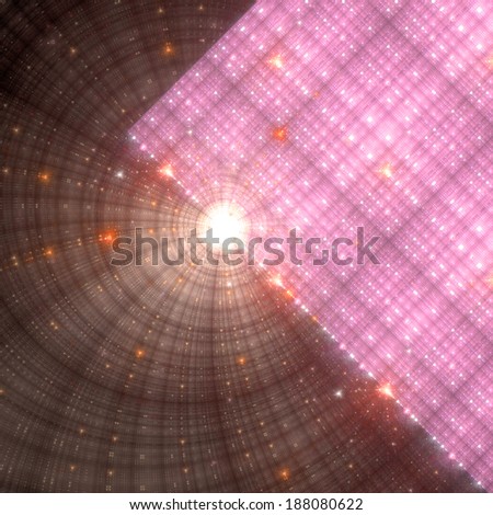 Abstract fractal background with a large star in the middle partly behind a solid mass with a decorative grid pattern on the right,  all in light pink and red