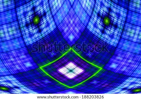 Abstract fractal cross with a detailed square grid pattern in blue, pink and green colors and in high resolution