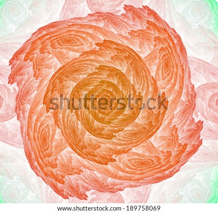Abstract fractal flower background with a detailed spiral leafy pattern in light orange, yellow and green colors