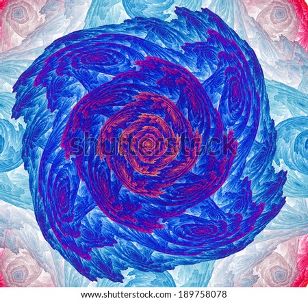 Abstract fractal flower background with a detailed spiral leafy pattern in blue, pink and purple colors