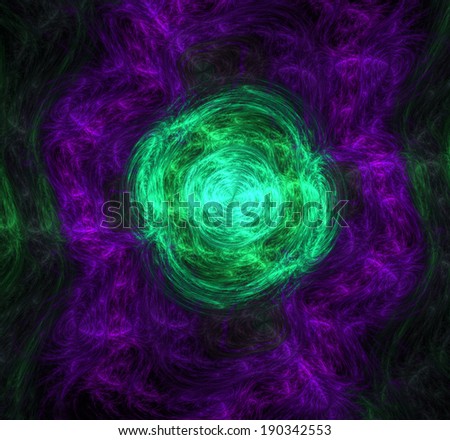 Abstract star-like fractal flower background with a detailed distorted decorative pattern in purple and green colors in high resolution and against dark background