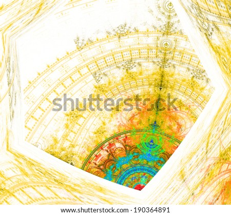 Yellow, orange and blue and green abstract fractal background with a star-like center and a tower like decorative pattern, all enclosed in a hexagonal geometric pattern and against white color