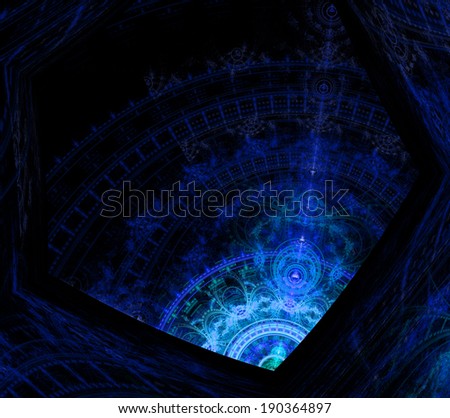 Blue abstract fractal background with a star-like center and a tower like decorative pattern, all enclosed in a hexagonal geometric pattern and against black color