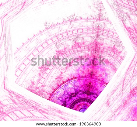 Pink abstract fractal background with a star-like center and a tower like decorative pattern, all enclosed in a hexagonal geometric pattern and against white color