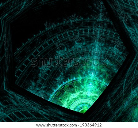 Green and blue abstract fractal background with a star-like center and a tower like decorative pattern, all enclosed in a hexagonal geometric pattern and against black color