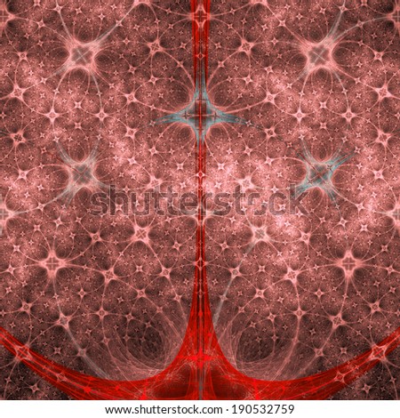 Red abstract fractal star-like or flower-like background with a detailed interconnected pattern and central triangular flower-like tower