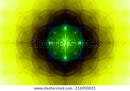 Detailed wallpaper with many circles, squares and decorative flowers in rows and columns in yellow and a big shining exotic flower/star in the center in green, blue and yellow surrounded by black ring