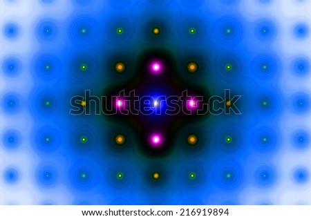 Detailed blue abstract background in high resolution with a very detailed ornamental pattern of blurred dots and circles in rows and columns in pink, purple and orange colors and a dark black center