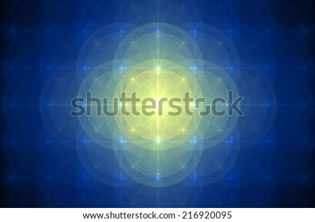Detailed wallpaper with many circles, squares and decorative flowers in rows and columns in blue and a glowing exotic flower/star in the center in yellow color, all against black background