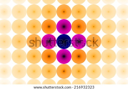Orange background in high resolution with an ornamental pattern of discs in rows and columns and with spirals inside them. Spirals in the pastel colored discs in the center are in pink and purple