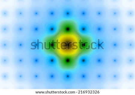 Detailed blue abstract background in high resolution with a detailed ornamental pattern of blurred black dots and circles in rows and columns with center being in green and yellow and against white