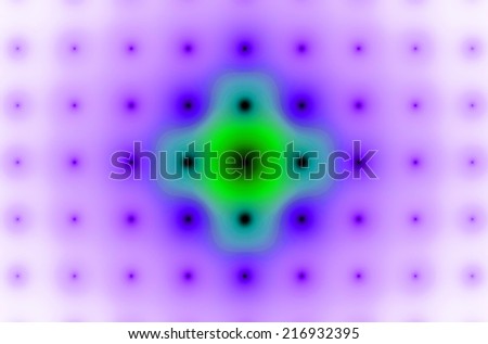 Detailed purple abstract background in high resolution with a detailed ornamental pattern of blurred black dots and circles in rows and columns with center being in cyan and green and against white