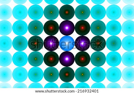 Cyan abstract background in high resolution with an ornamental pattern of discs in rows and columns and with spirals inside them. Spirals in the dark discs in the center are in blue, purple and red