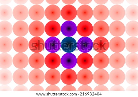 Red abstract background in high resolution with an ornamental pattern of discs in rows and columns and with spirals inside them.Spirals in the pastel colored discs in the center are in blue and purple