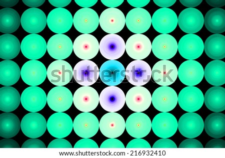 Detailed cyan abstract background in high resolution with a detailed ornamental pattern of discs in rows and columns with spirals inside them. Spirals in the center are in blue, purple and pink colors
