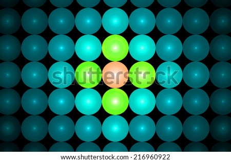 Cyan background in high resolution with an ornamental pattern of glowing discs in rows and columns and with spirals inside them and center discs being in green and orange colors