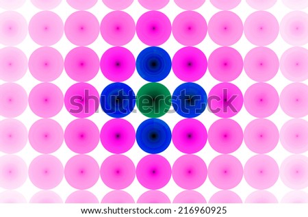 Pink background in high resolution with an ornamental pattern of discs in rows and columns and with spirals inside them. Spirals in the pastel colored discs in the center are in green and blue