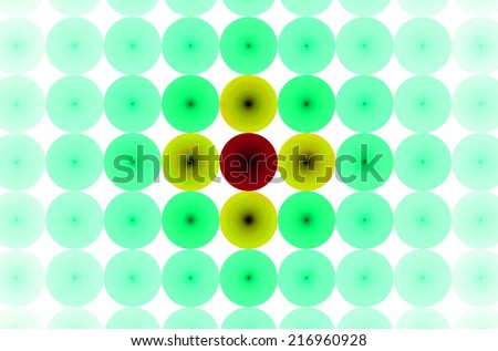 Cyan background in high resolution with an ornamental pattern of discs in rows and columns and with spirals inside them. Spirals in the pastel colored discs in the center are in yellow and red