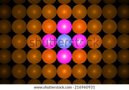 Orange background in high resolution with an ornamental pattern of glowing discs in rows and columns and with spirals inside them and center discs being in pink and purple colors
