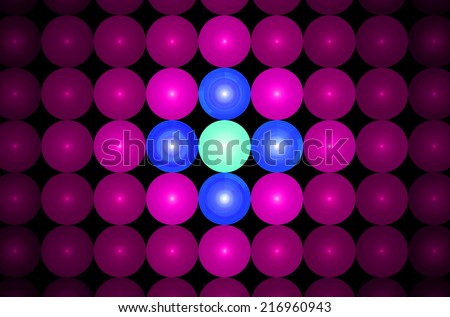 Pink background in high resolution with an ornamental pattern of glowing discs in rows and columns and with spirals inside them and center discs being in blue and purple colors