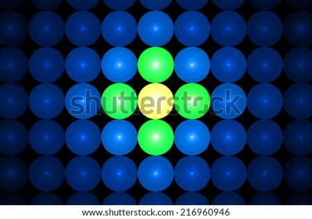 Blue background in high resolution with an ornamental pattern of glowing discs in rows and columns and with spirals inside them and center discs being in green and yellow colors