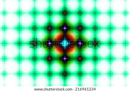 Green background in high resolution with an ornamental pattern of interconnected stars in rows and columns and the stars in the middle being in dark saturated blue, orange, purple and pink
