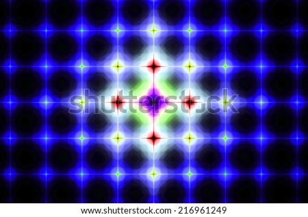 Purple background in high resolution with an ornamental pattern of interconnected stars in rows and columns and the stars in the middle being shiny and in pink, green, red and yellow colors