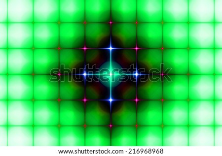 Green background in high resolution with an ornamental pattern of interconnected squares in rows and columns and the connected dark stars in the middle in cyan, blue and pink colors and against white