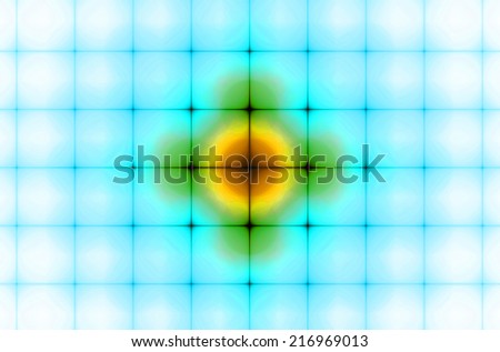 Pastel colored cyan background in high resolution with ornamental pattern of interconnected squares in rows and columns and the stars in the middle in green, yellow and orange colors and against white