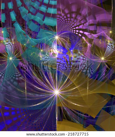 Crazy abstract high resolution background with a detailed modern shining star pattern with interconnected decorative arches, all in pink, purple and green and against black background