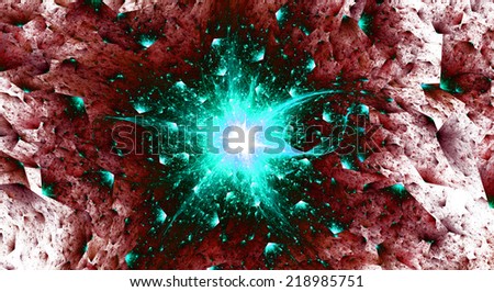 An abstract fractal background of an exploding dark black star in red and cyan colors