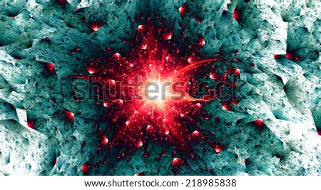 An abstract fractal background of an exploding dark black star in yellow, red and cyan colors