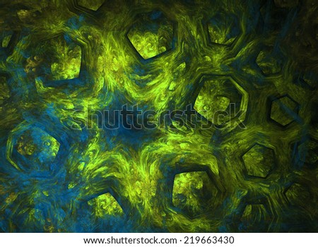 Abstract fractal high resolution wallpaper with a detailed blue, yellow and green abstract crazy pattern with a star-like structure in the middle and decorative hexagonal discs surrounding it