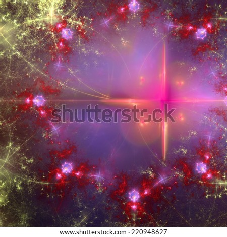 Pink, red and yellow abstract fractal star field background with a twisted large star on the right and decorative fractal star pattern surrounding it