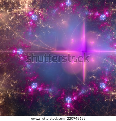 Pink, blue, purple and yellow abstract fractal star field background with a twisted large star on the right and decorative fractal star pattern surrounding it
