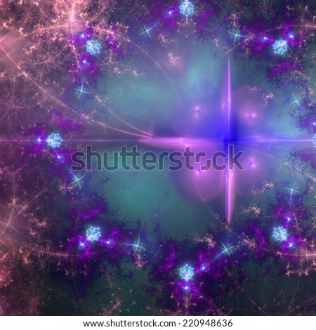 Blue, pink and purple abstract fractal star field background with a twisted large star on the right and decorative fractal star pattern surrounding it