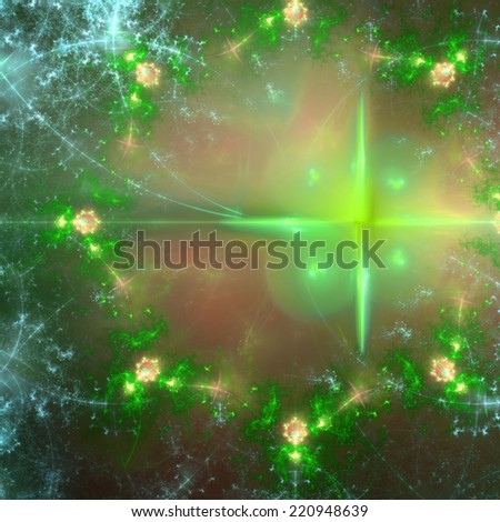 Cyan, green, yellow and pink abstract fractal star field background with a twisted large star on the right and decorative fractal star pattern surrounding it