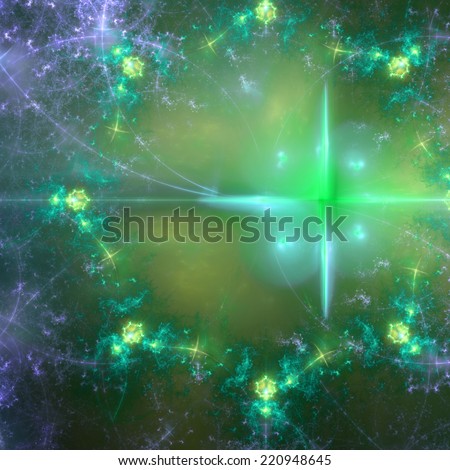 Green, yellow, cyan and purple abstract fractal star field fractal background with a twisted large star on the right and decorative fractal star pattern surrounding it