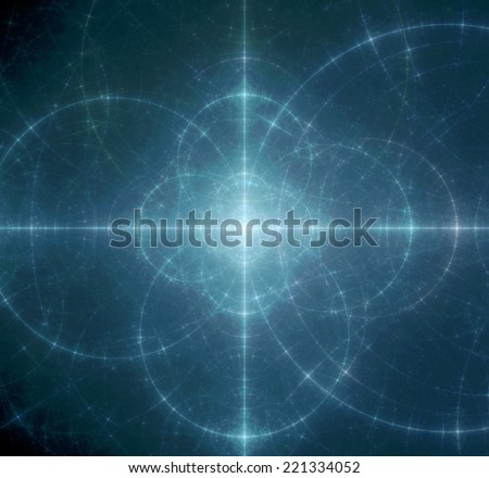 Abstract blue background with a shining center and a detailed decorative pattern of interconnected glowing rings and circles in high resolution