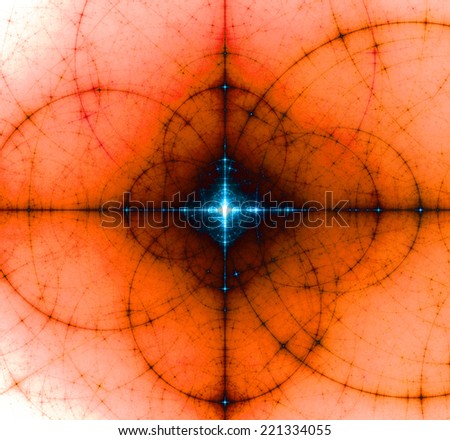 Abstract orange background with a shining cyan center surrounded by a dark shadow and a detailed decorative pattern of interconnected black rings and circles in high resolution