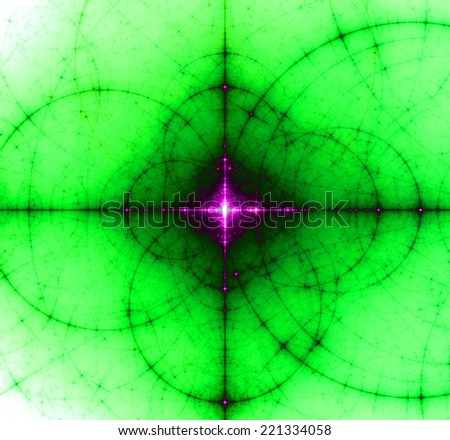 Abstract green background with a shining pink center surrounded by a dark shadow and a detailed decorative pattern of interconnected black rings and circles in high resolution