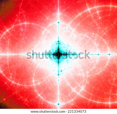 Abstract cyan background with a black and red center surrounded by a white corona and a detailed decorative pattern of interconnected white rings and circles in high resolution