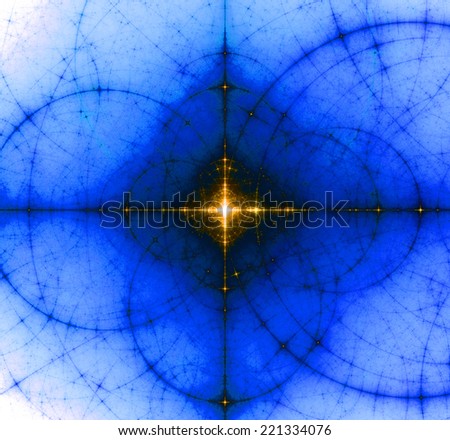 Abstract blue background with a shining yellow center surrounded by a dark shadow and a detailed decorative pattern of interconnected black rings and circles in high resolution