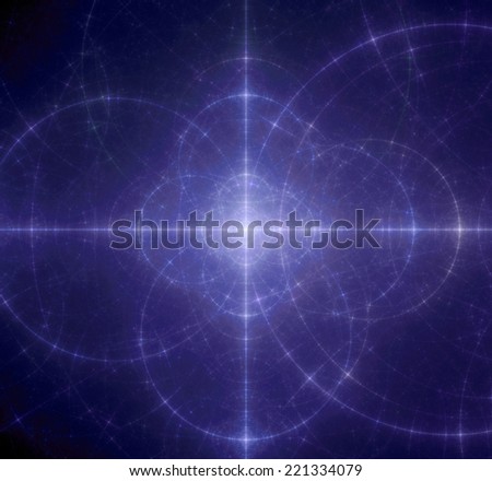 Abstract purple background with a shining center and a detailed decorative pattern of interconnected glowing rings and circles in high resolution
