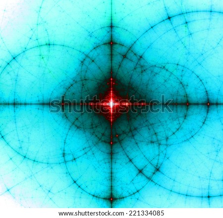 Abstract cyan background with a shining red center surrounded by a dark shadow and a detailed decorative pattern of interconnected black rings and circles in high resolution