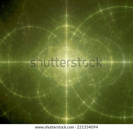 Abstract green and yellow background with a shining center and a detailed decorative pattern of interconnected glowing rings and circles in high resolution