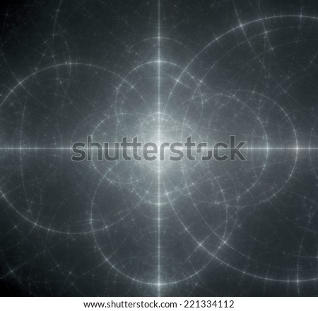 Abstract white and black background with a shining center and a detailed decorative pattern of interconnected glowing rings and circles in high resolution