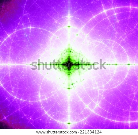 Abstract pink background with a black and green center surrounded by a white corona and a detailed decorative pattern of interconnected white rings and circles in high resolution